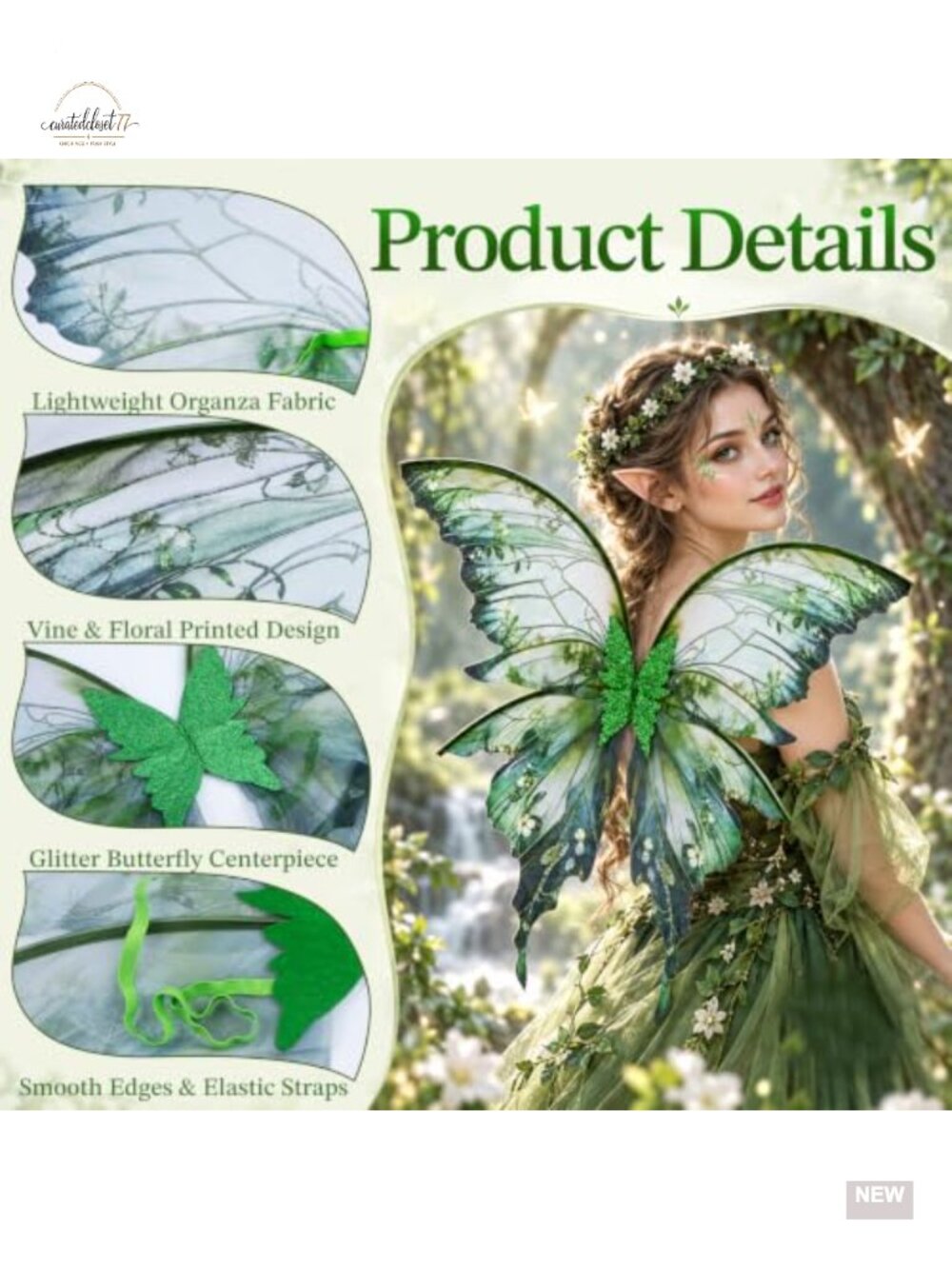 Elf Fairy Wings Cosplay Costume Set 6-Piece Tulle Wings Ears Wand Adult - Picture 2 of 6